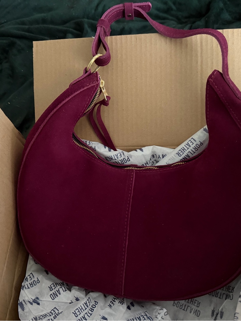 Portland Leather Superbloom Magenta/Plum Suede Crescent Large Nora Shoulder Bag